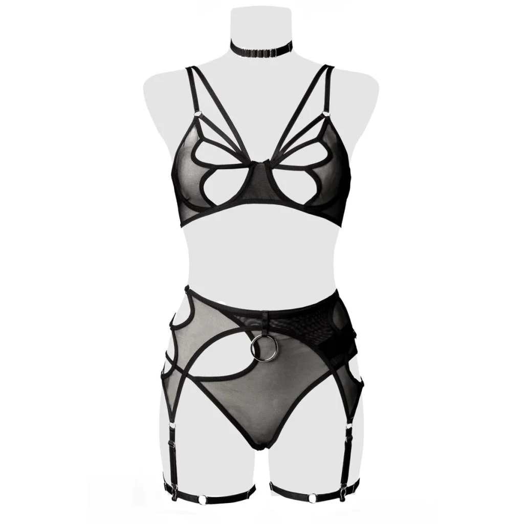 BH-Set aus Netzstoff in Schwarz mit Strapsgürtel von Grey Velvet , Dessous, Lingerie, Reizwäsche, sexy, erotisch, kaufen