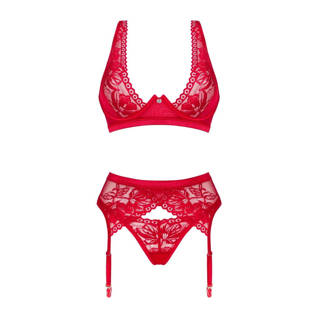 Dessous Set in Rot mit Strapsen LACELOVE 3-teilig von Obsessive