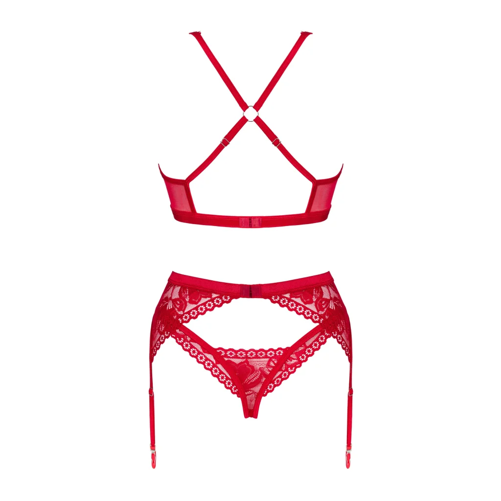 Dessous Set in Rot mit Strapsen LACELOVE 3-teilig von Obsessive