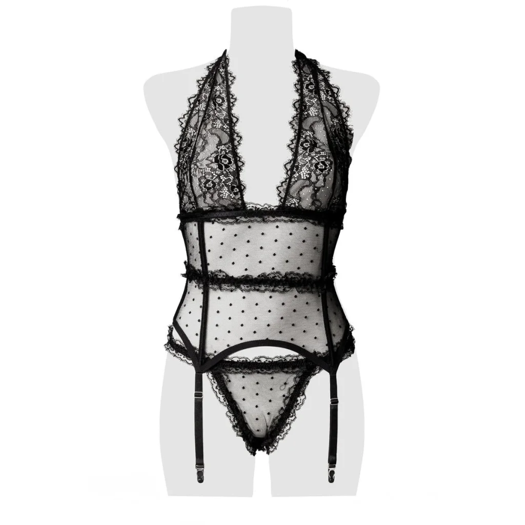 Erotik Strapsset aus Spitze in Schwarz mit Neckholder von Grey Velvet , Dessous, Lingerie, Reizwäsche, sexy, erotisch, kaufen
