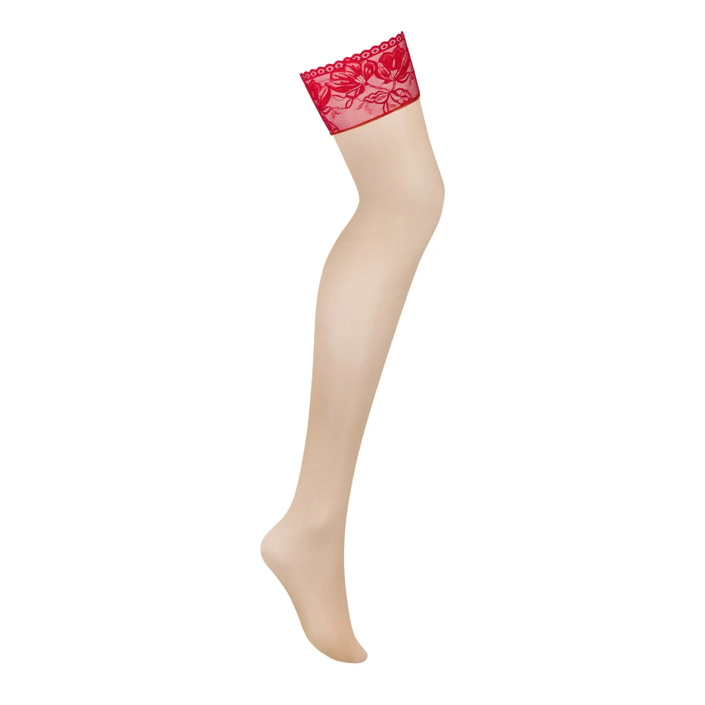 Strapsstrümpfe in Hautfarbe und Rot LACELOVE Stockings von Obsessive