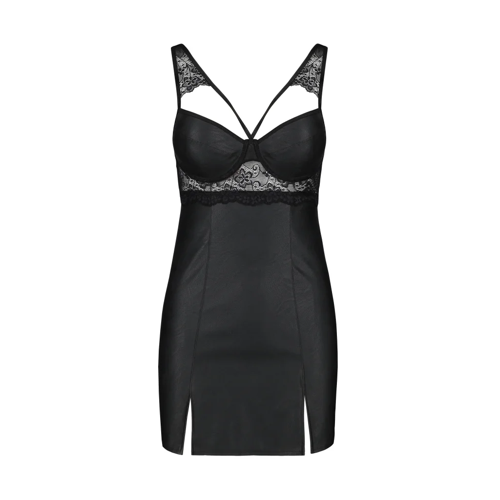 Chemise in Schwarz mit Spitze Kunstleder Hemdchen Loona von Passion-Exklusiv