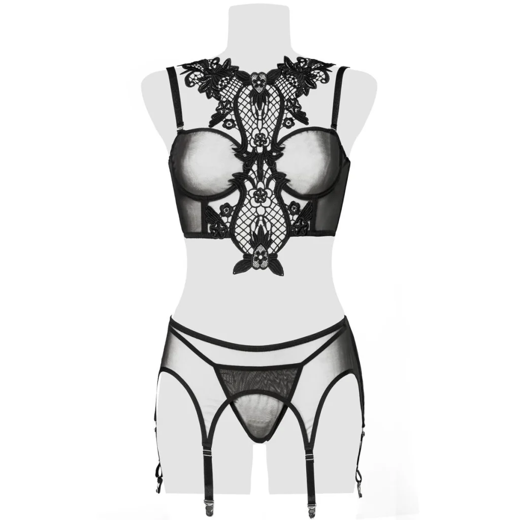 Dessous Set aus Mesh mit Spitze und Strapsgürtel von Grey Velvet , Dessous, Lingerie, Reizwäsche, sexy, erotisch, kaufen