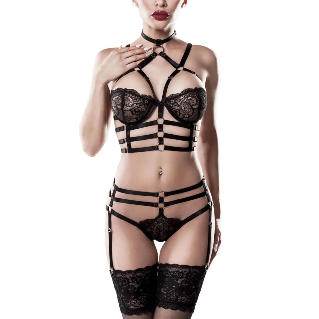Harness-Set und Bustier mit Spitze in Schwarz von Grey Velvet , Dessous, Lingerie, Reizwäsche, sexy, erotisch, kaufen
