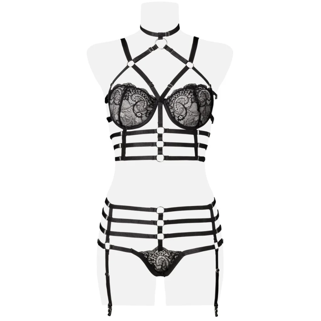 Harness-Set und Bustier mit Spitze in Schwarz von Grey Velvet , Dessous, Lingerie, Reizwäsche, sexy, erotisch, kaufen