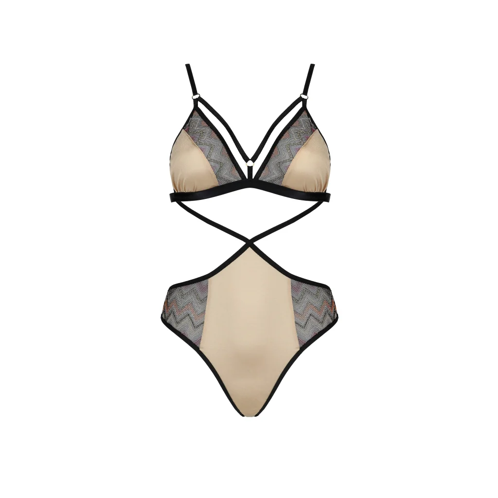 INDILA verführerischer Body aus Satin in Gold mit Schwarz von Casmir