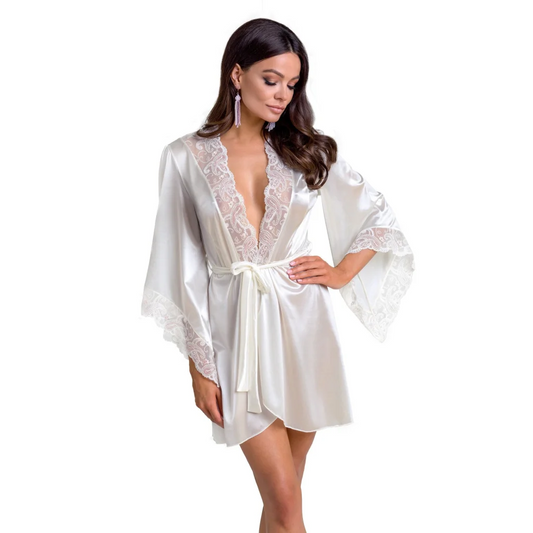 INOE Peignoir Morgenmantel langärmelig in Ecru aus Satin und Spitze mit String von Casmir