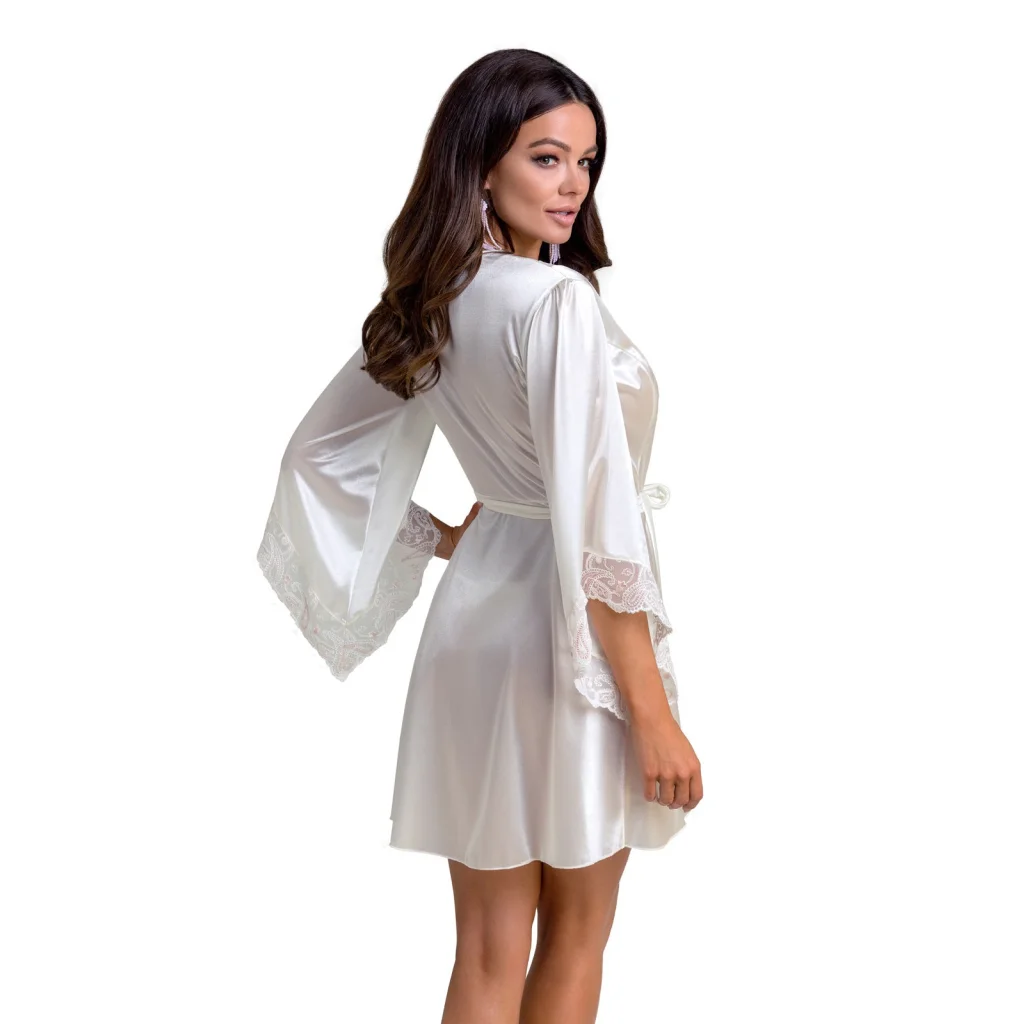 INOE Peignoir Morgenmantel langärmelig in Ecru aus Satin und Spitze mit String von Casmir