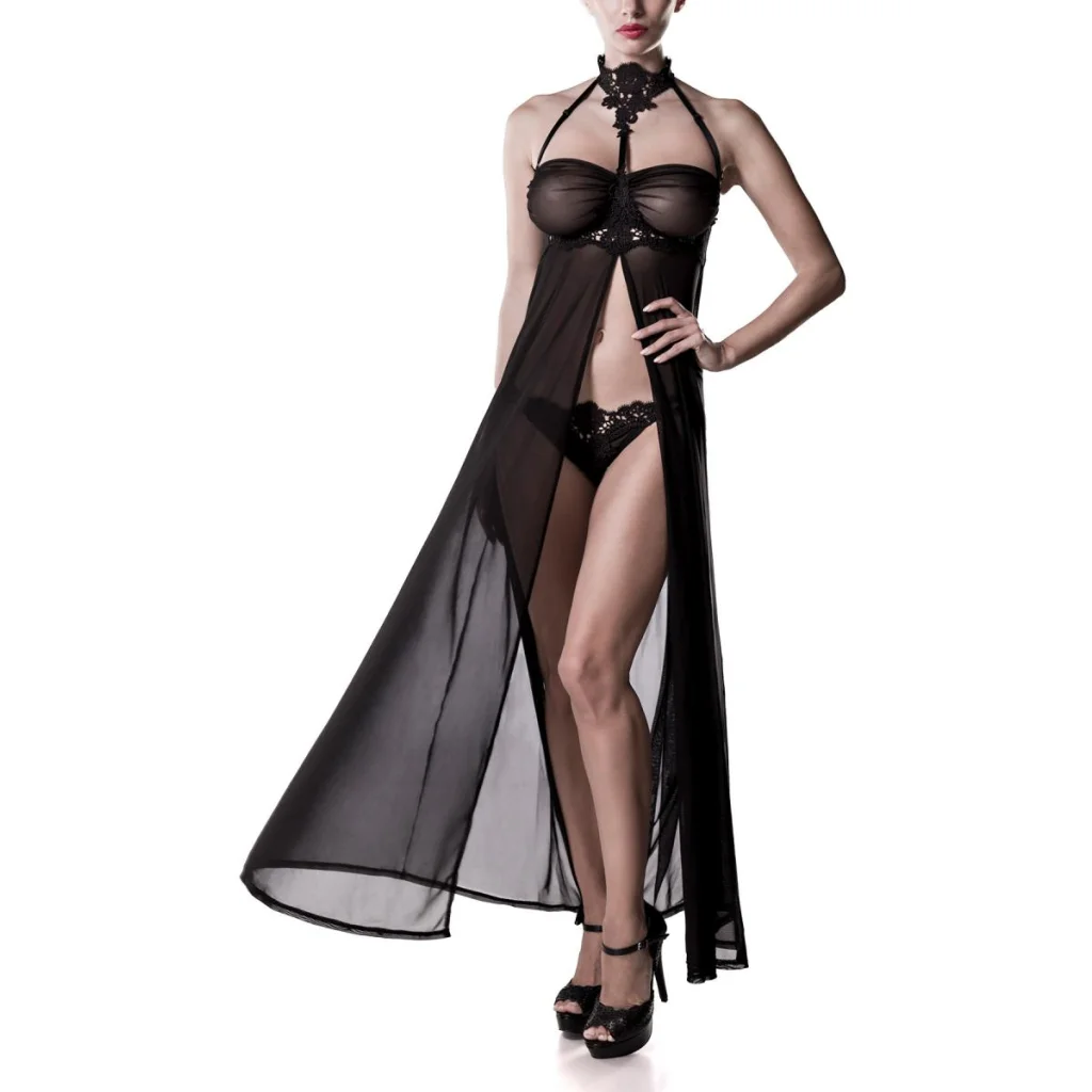 Negligé in Maxilänge aus elastischem transparentem Netz von Grey Velvet , Dessous, Lingerie, Reizwäsche, sexy, erotisch, kaufen
