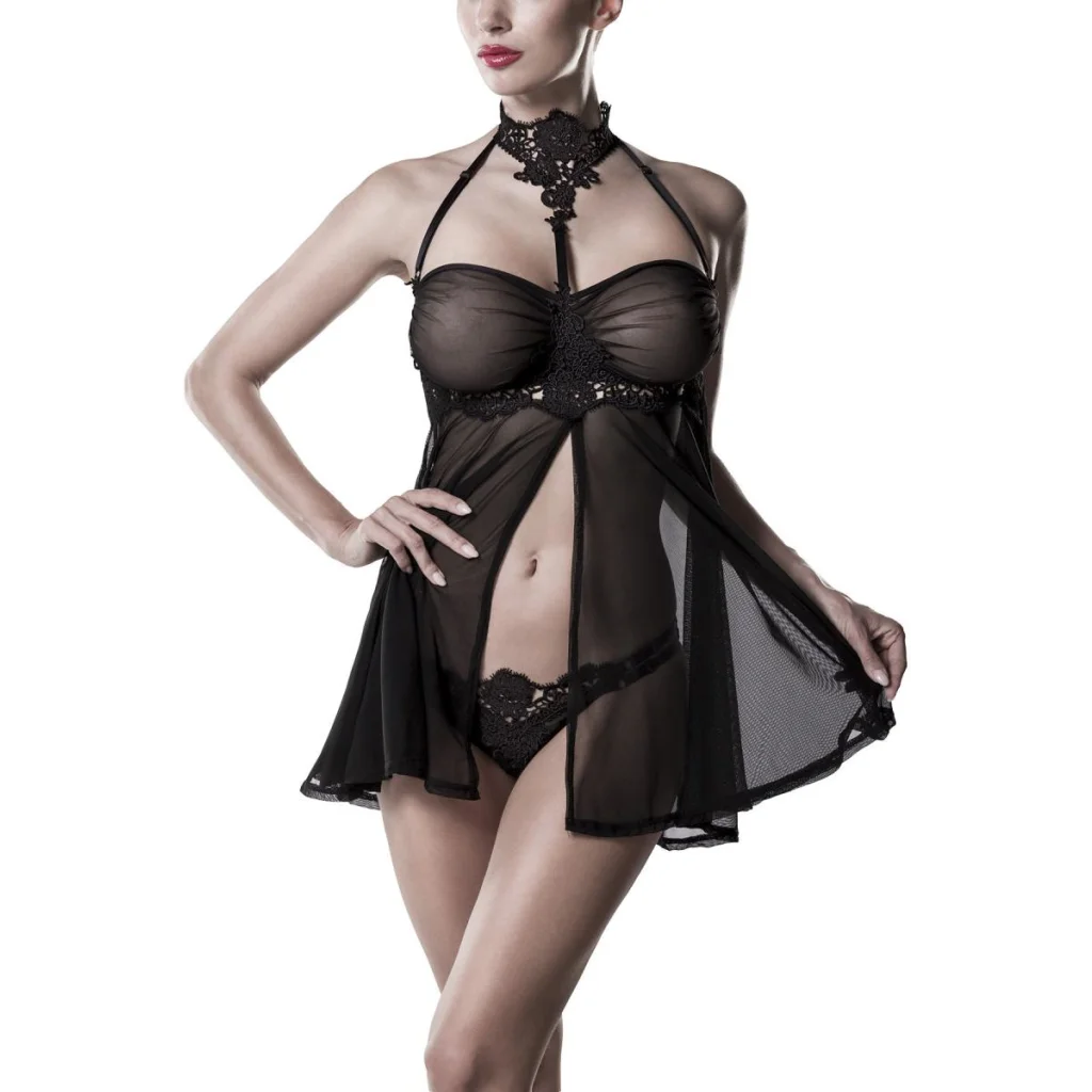 Negligé-Set aus transparentem Netz mit Neckholder von Grey Velvet , Dessous, Lingerie, Reizwäsche, sexy, erotisch, kaufen