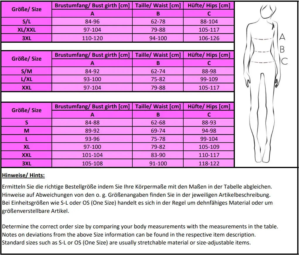 LivCo Corsetti Fashion Size Chart
