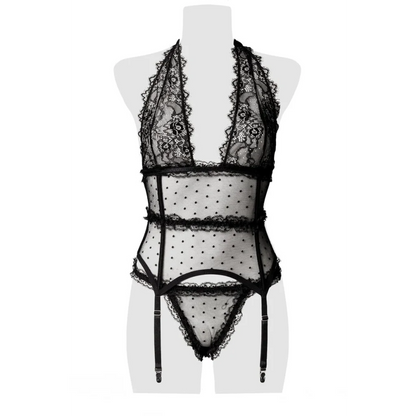 Erotik Strapsset aus Spitze in Schwarz mit Neckholder von Grey Velvet , Dessous, Lingerie, Reizwäsche, sexy, erotisch, kaufen