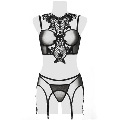 Dessous Set aus Mesh mit Spitze und Strapsgürtel von Grey Velvet , Dessous, Lingerie, Reizwäsche, sexy, erotisch, kaufen